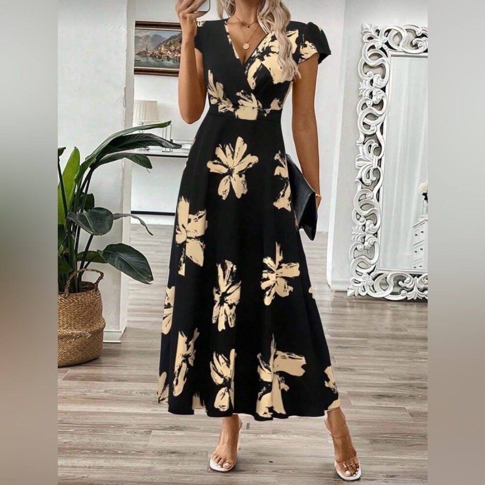 Black & Cream Floral Midi Dress - Elegant V-Neck Women’s Dress